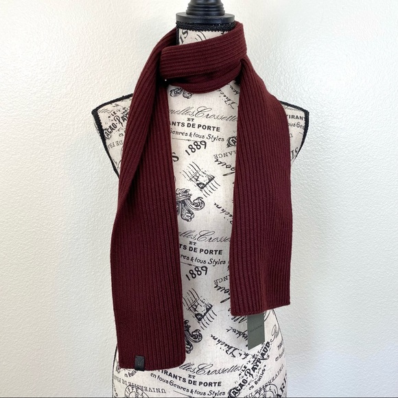All Saints Narrow Rib Scarf Maroon Merino Wool - Picture 3 of 5